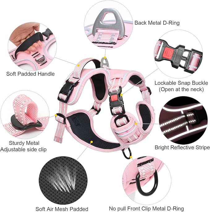 Timos Dog Harness Large Sized, No Pull Pet Harness with Neck Lockable Snap,No Choke Front Clip Dog Reflective Vest,Adjustable Metal Rings 3 Buckles,Easy Control Handle for Large Dogs Pink L