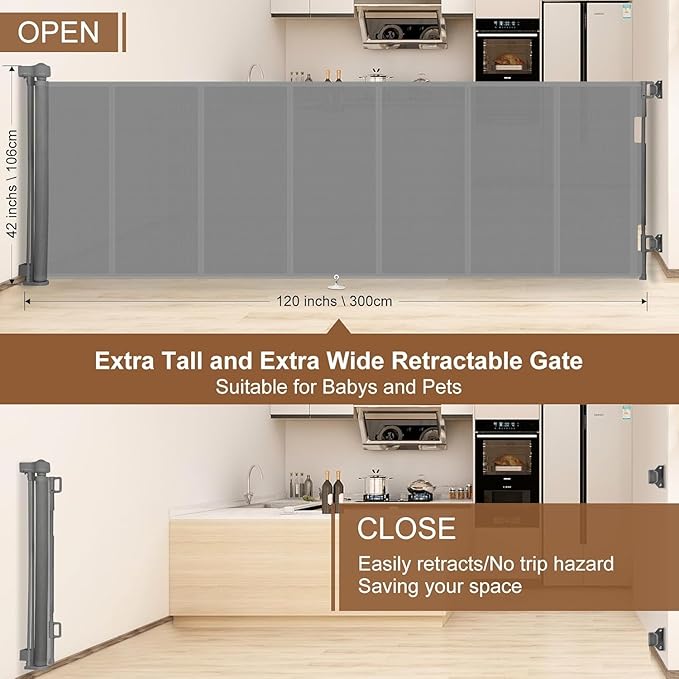 Miumoon 100 inch Retractable Baby Gates 42 inch Tall, Retractable Gate with Reinforced Strip Design to Prevent Crawling Through, 8 FT Extra Wide Retractable Dog Gate for Indoor/Outdoor