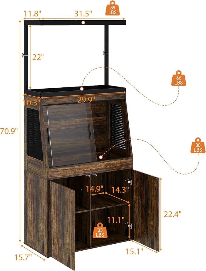 45 Gallon Inclined Reptile Tank with Terrarium Stand, Large Terrarium Reptile Tank Enclosure with Storage Cabinet, Adjustable Shelves and Ventilation Hole Panel, Bearded Dragon Cage, Brown