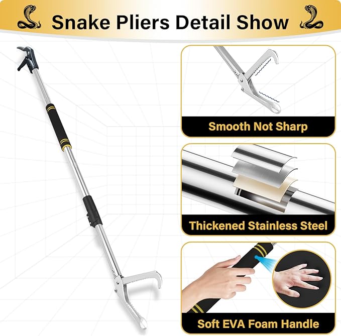 Snake Grabber Tool, 69" Snake Tongs Grabber for Rattlesnake Heavy Duty Professional Folding Snake Feeding Tongs Wide Jaw Snake Handling Tool Long Hndle Stainless Steel Tube
