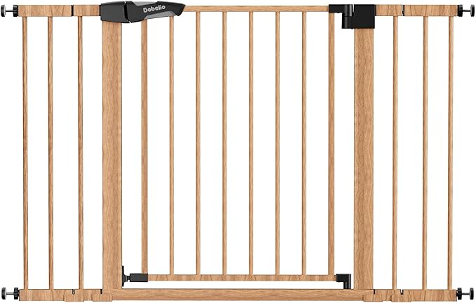 Babelio 29-48" Metal Baby Gate with Brown Wood Pattern, Auto Close Dog Gate PressGuard P7 for The House, Stairs and Doorways, Pressure Mounted Pet Gate with Door, Safety Gate for Child and Pets