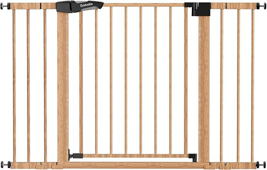 Babelio 29-48" Metal Baby Gate with Brown Wood Pattern, Auto Close Dog Gate PressGuard P7 for The House, Stairs and Doorways, Pressure Mounted Pet Gate with Door, Safety Gate for Child and Pets