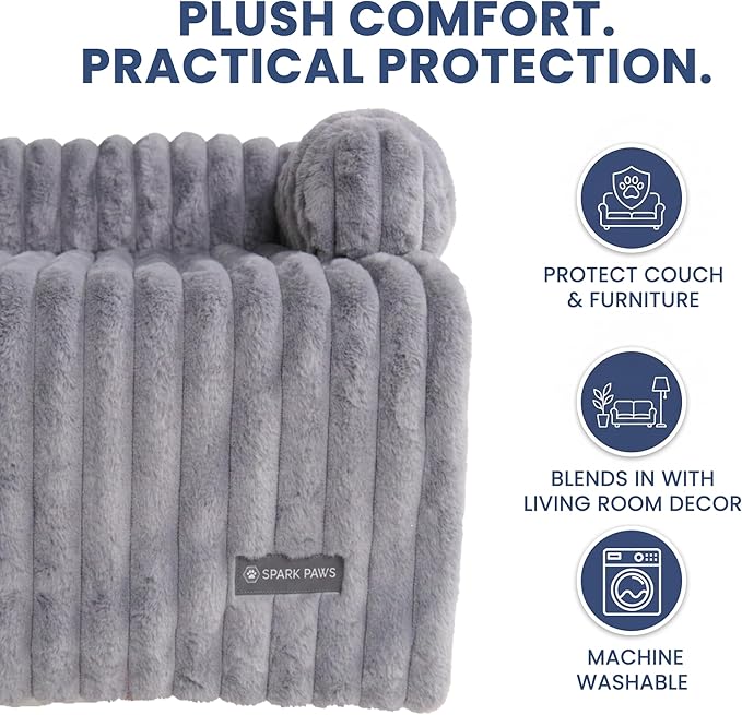 Spark Paws Luxury Dog Couch Cover Bed, Calming Pet Furniture Protector for Large & Small Dogs, Washable Bolster Dog Bed for Couch, Sofa & Bed - Grey, Large
