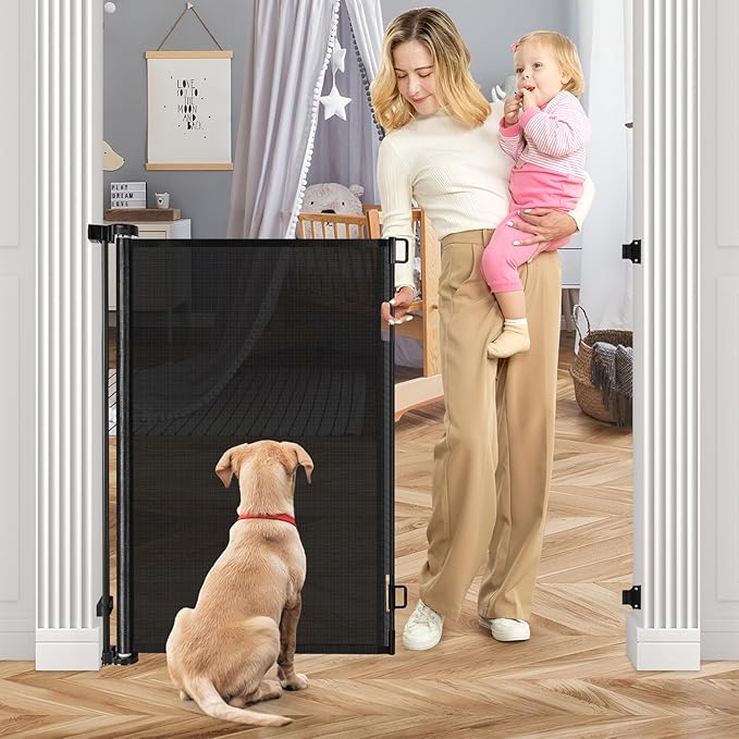 42 Inch Extra Tall Dog Gate Indoor 55” Wide Puppy Gates for The House Prevent Kids/Pets from Jumping Over Retractable Extra Tall Baby Gates for Doorways Retractable Outdoor Pet Gate for Stairs, Black