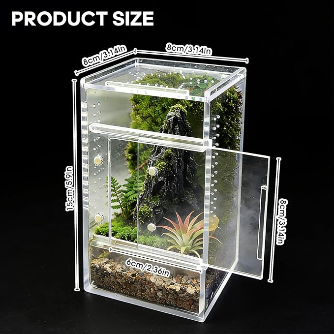 Jumping Spider Enclosure, Small Acrylic Spider Terrarium, Tarantula Spider Box, Magnetic Front & Top Opening, Bug Habitat for Jumping Spiders, Tarantulas, Praying Mantis, Snails