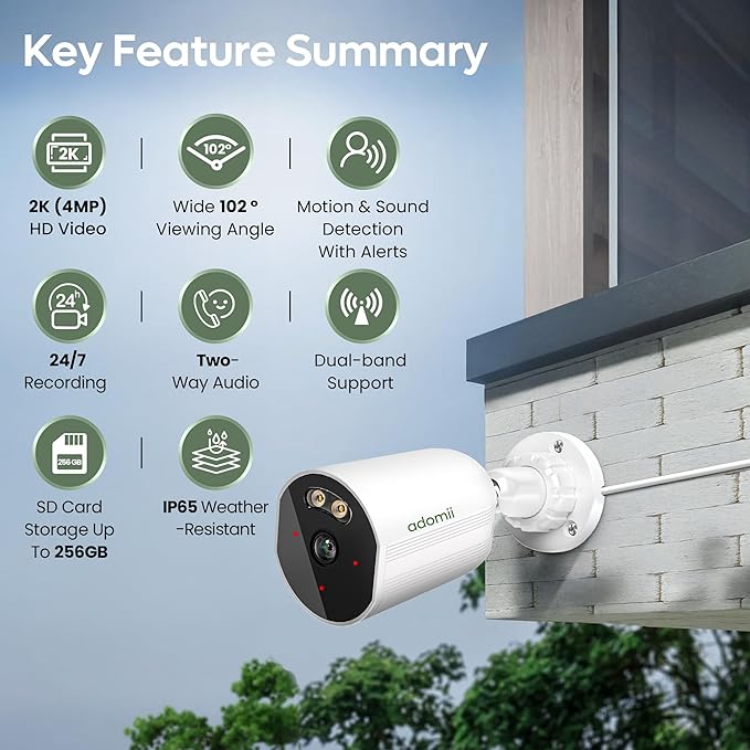 adomii 2K Security Cameras Wireless Outdoor, 33ft Night Vision, IP65 Weatherproof, 2-Way Audio Home Security WiFi Camera Motion Detector for Home Security