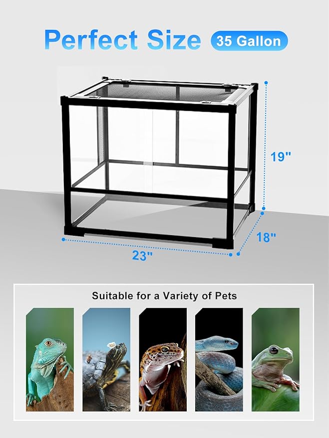 URUQ 35 Gallon Glass Reptile Terrarium, 23" x 18" x 19" Reptile Habitat Tank Front Opening Tank Sliding Door with Screen Ventilation, for Reptiles Amphibians, Bearded Dragon Gecko Lizard Snake
