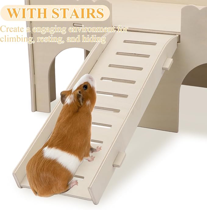 Hypeety Wooden Guinea Pig Hideout Sturdy Wooden Castle with Stairs Easy to Assemble Small Animal House Guinea Pig Hut Bed Habitats for Hamsters Bunnies Chinchillas Playing and Hiding