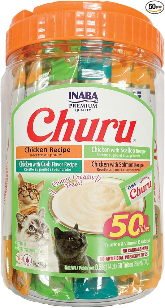 INABA Churu Cat Treats, Lickable, Squeezable Creamy Purée Cat Treat with Green Tea Extract & Taurine, 0.5 Ounces Each Tube, 50 Tubes, Chicken & Seafood Variety by INABA
