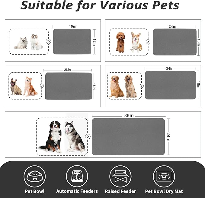 HotLive Dog Food Mat - Absorbent Cat Mat for Food and Water, No Stains Pet Feeding Bowl Mat, Easy to Clean Pet Placemats, Quick Dry Dog Water Dispenser Mat for Messy Drinkers | Dark Grey 16"x 24"