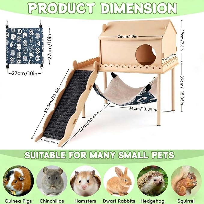 Guinea Pig Hideout Wooden Guinea Pig Castle with Stair, Hammock and House Detachable Double-Decker Guinea Pigs House for Guinea Pigs Hamsters Rabbit Chinchilla Small Animal Hiding Sleeping Activities