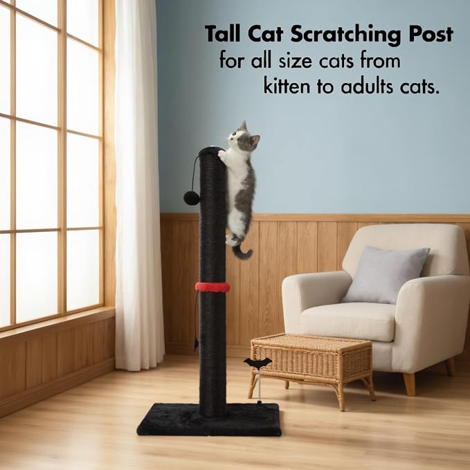 MECOOL Cat Scratching Post Premium Sisal Scratch Posts with Hanging Ball Vertical Scratcher for Indoor Cats and Kittens,Black - Image 5