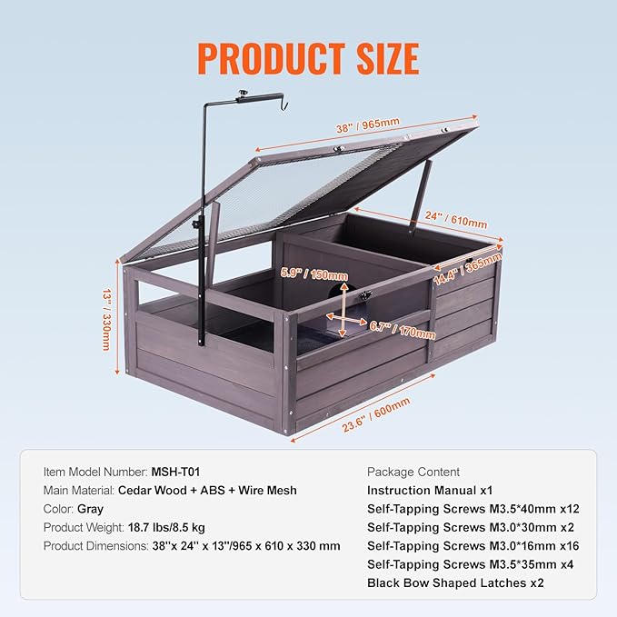 VEVOR Tortoise Habitat, Cedar Wooden Tortoise House Indoor & Outdoor, Tortoise Enclosure with Adjustable Lamp Holder, 2-Room Reptile Enclosure Small Animal Cage for Gecko, Lizard, Snake 38x24x13 inch