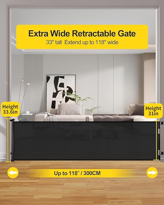 AOURMKOOP 118 Inch Extra Wide Retractable Baby Gate,Mesh Large Gate or Mesh Pet Dog Gate, Opening Wide Extra Long Child Safety Gate for Indoor Baby Fence, Outdoor, Stairs, Deck (Black)