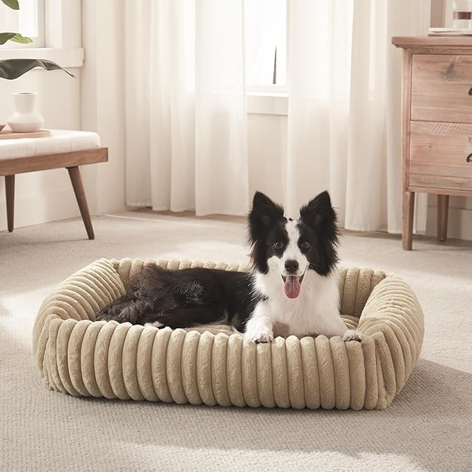 FURTIME Dog Bed Medium Size Dog, Washable Orthopedic Pet Bed with Removable Cover, Rectangle Soft Calming Sleeping Puppy Bed Durable Pet Cuddler with Anti-Slip Bottom, Beige, M Plus (30"x24"x8")