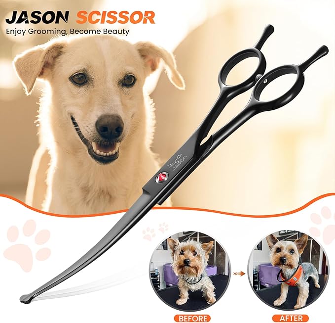 JASON 7" Dog Grooming Shear - Professional Up-curved Scissor with Round Tips Japanese Stainless Steel Hair Scissor for Dogs, Cats and Other Pets (Curved with Round Tips, Black) Christmas Gift