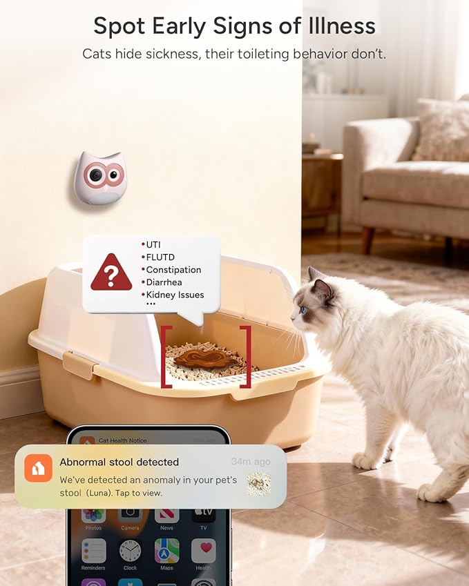 Litter Box Camera – AI Cat Health Monitoring, Records Cat's Toileting Behavior, Abnormal Alerts, Fits Automatic & Standard Litter Boxes, Multi-Cat Support, Cat Cam with Night Mode(Grey)