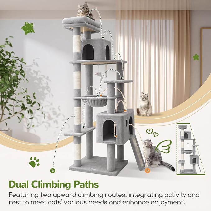 Globlazer Heavy Duty Cat Tree, 70 inch Sturdy Cat Tree for Indoor Cats Extra Large Cat Tower with Scratching Post, Hammock, Cat Condo for Adult Cats Kittens, F70 Pro, Light Grey - Image 5