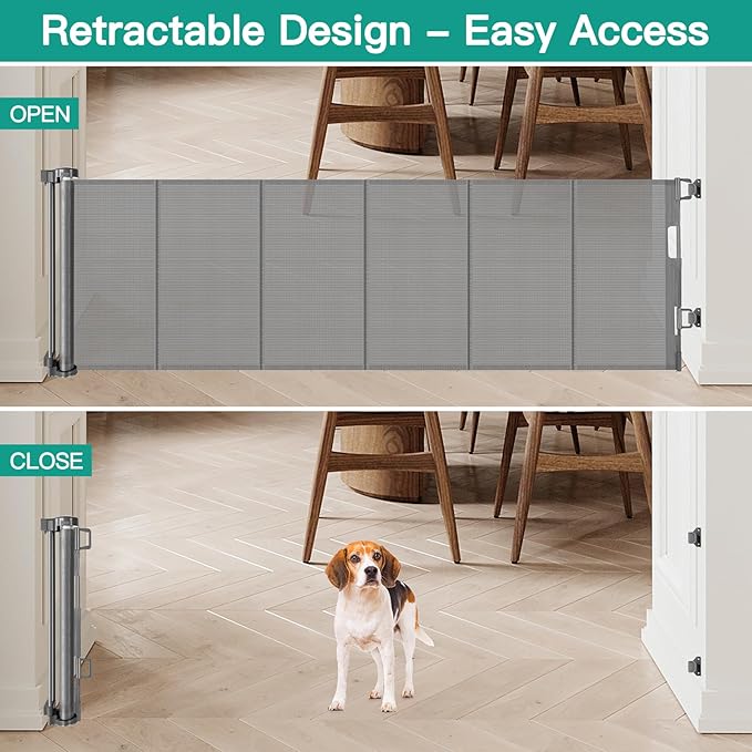 24 Inch Tall x 110 Inch Extra Wide Retractable Dog Gate for The House, Short Baby Gate to Step Over, Reinforced Mesh Puppy Gate for Doorways, Step Over Pet Gate for Stairs, Indoor/Outdoor, Gray