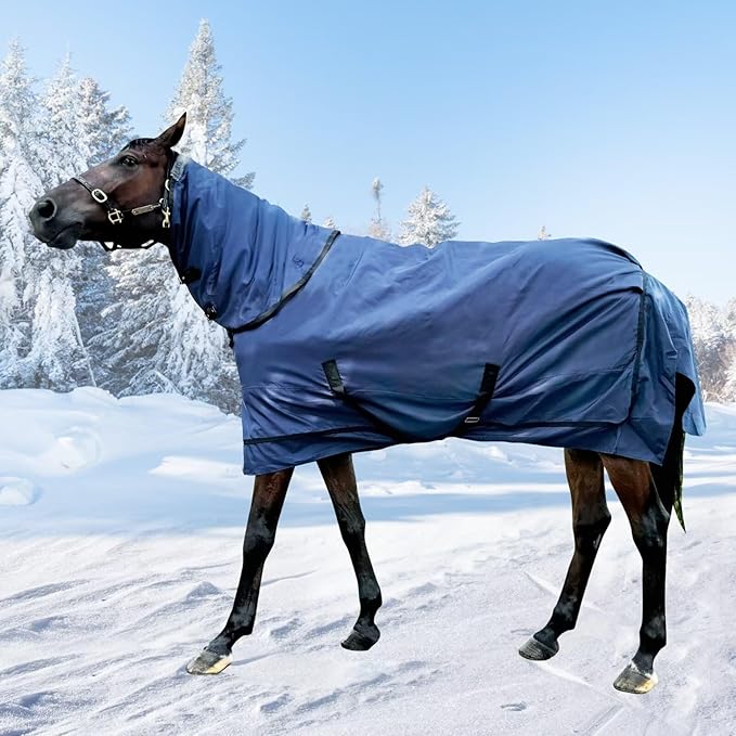 Horse Blanket Winter Waterproof Horse Turnout Blanket 1200D Ripstop Horse Sheet Medium Weight Horse Blanket with Detachable Neck Cover,Size 81 Navy Blue