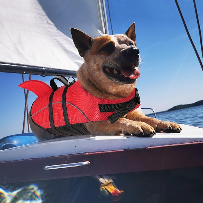 Queenmore Small Dog Life Jacket,Shark Dog Life Vest for Swimming,Puppy Light Life Preserver for Boating Kayaking Canoeing,Pet Reflective Lifesaver with High Buoyancy,Rescue Handle,Leash Hook (Red,S)