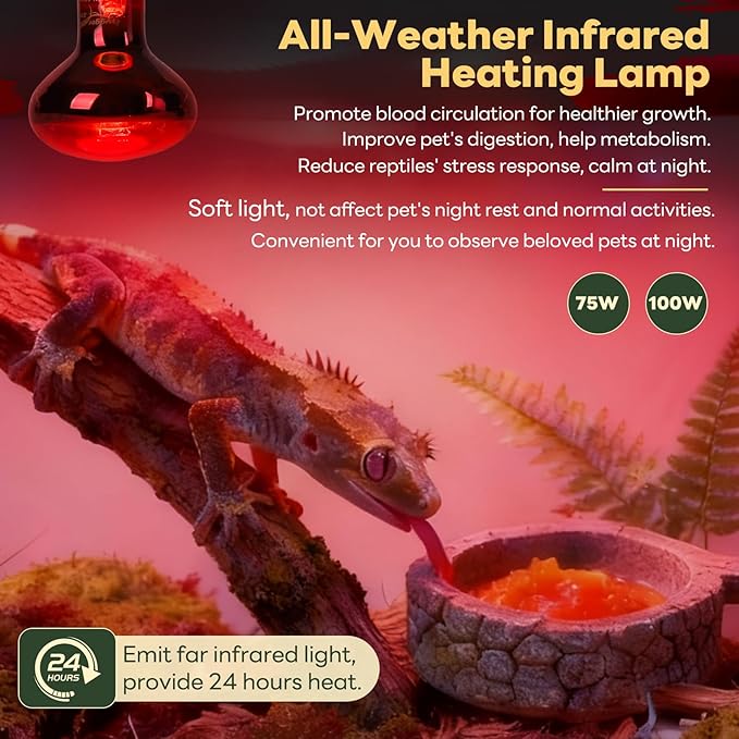 Reptile Heat Lamp Bulbs, 2 Pack 75W Infrared Heat Lamp Red Light Bulb Basking Bulb Terrarium Night Light for Bearded Dragon Chameleon Turtle Snake Gecko Lizard Chicken Tank Accessories, Red