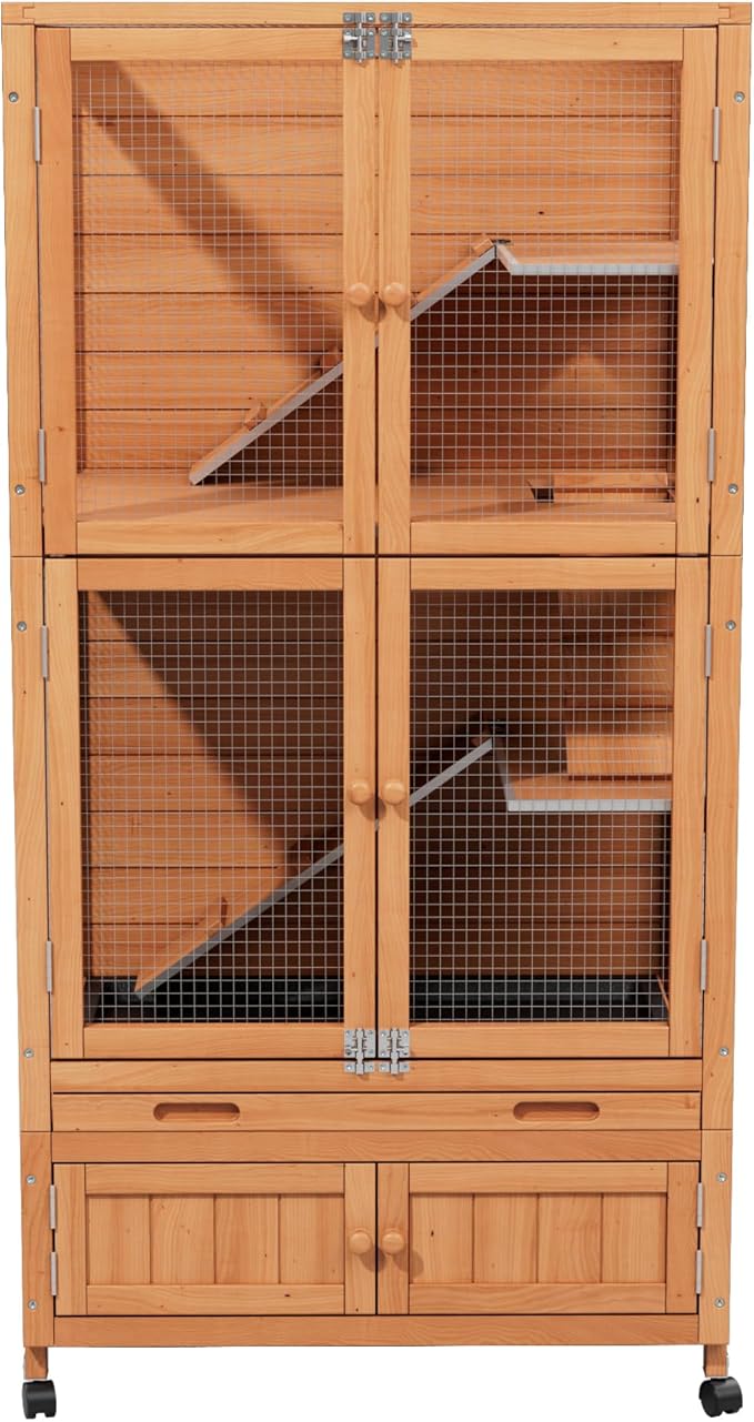 Wooden Hamster Cage, Large Double-Layered Hamster Cage with Storage Area, Deep Pull-Out Tray, and Aesthetically Pleasing and Convenient Magnetic Door Design. (Wood Color)