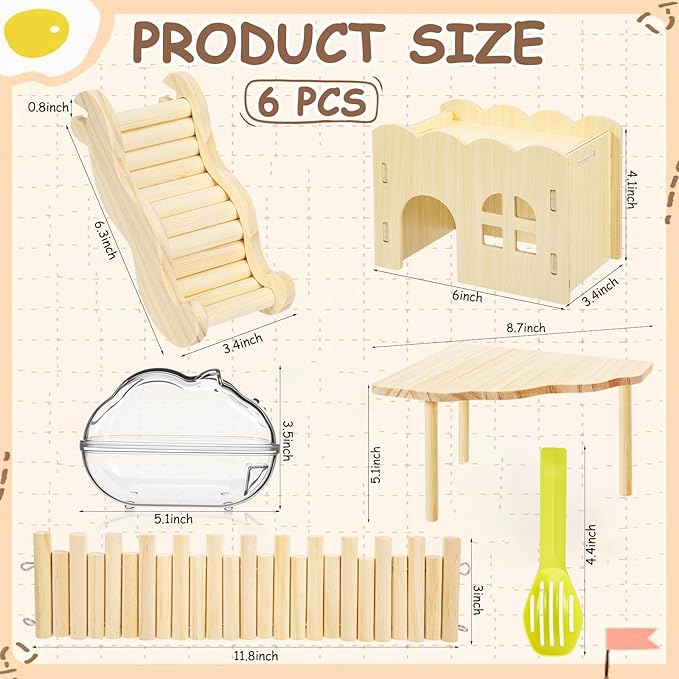 Qunclay 5 Pcs Hamster Platform Wooden Ladder Play Hidden House Game Climbing Toy with Hamster Bath Container Decor Cage Accessories for Dwarf Syrian Mice Degus Gerbils Squirrel and Small Animals