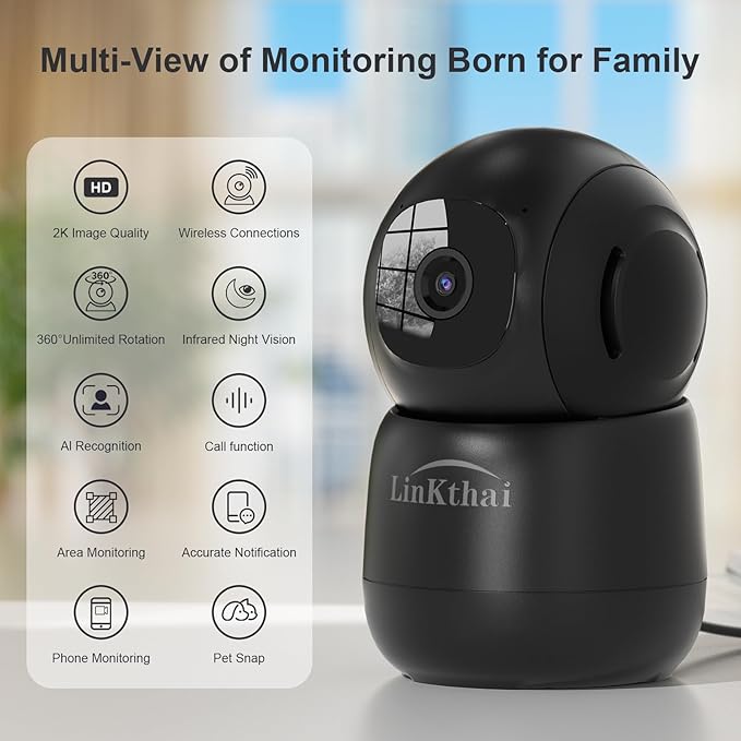 Indoor Camera,2K Cameras for Home Security with App Motion Detection Auto Tracking Alarm Live Notice Schedule Default Location,Pet Camera with Night Vision,2.4 GHz,Black
