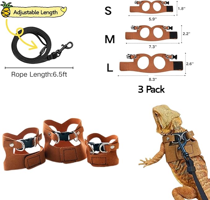 Bearded Dragon Harness Leash Set Harness 3PC S/M/L Soft Leather Vest Outdoor Walking Control Traction Rope for Lizard Reptile Iguana Gecko (Brown)