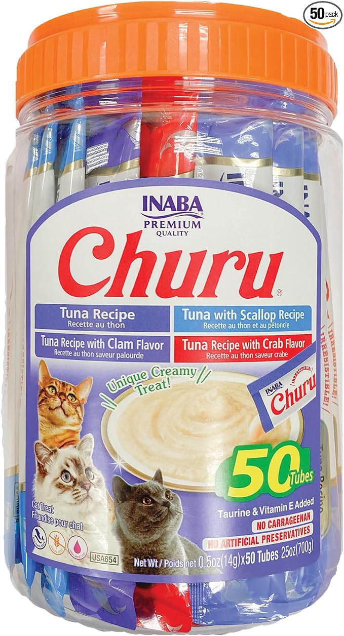 INABA Churu Cat Treats, Lickable, Squeezable Creamy Purée Cat Treat with Green Tea Extract & Taurine, 0.5 Ounces Each Tube, 50 Tubes, Tuna & Seafood Variety by INABA