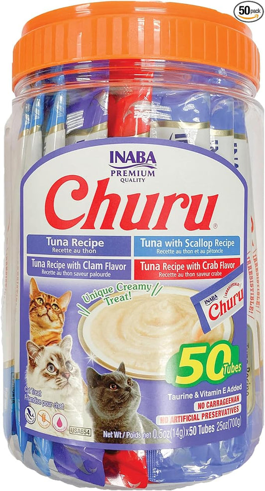 INABA Churu Cat Treats, Lickable, Squeezable Creamy Purée Cat Treat with Green Tea Extract & Taurine, 0.5 Ounces Each Tube, 50 Tubes, Tuna & Seafood Variety by INABA