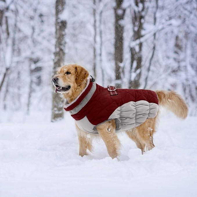 Lelepet Dog Coat Warm Dog Winter Coat Waterproof Dogs Jacket with Harness Built in Reflective Pet Fleece Vest Zip-Up Cold Weather Coats for Medium Dogs Turtleneck Windproof Coats Dachshund Wine Red M