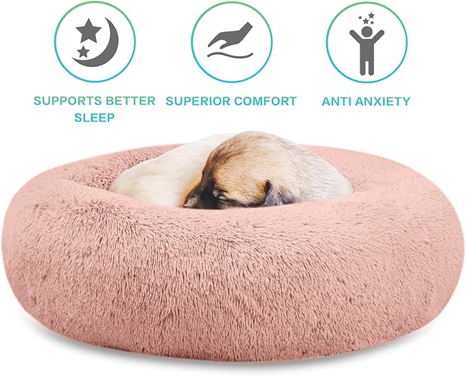 SAVFOX 36 inches Calming Donut Dog Bed - 3X Durable Plush Faux Fur, Machine Washable & Non-Slip, Fits up to 100 lbs, Pink