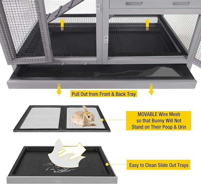 Aivituvin Rabbit Hutch, Indoor Bunny Cage with Run Outdoor Rabbit House with Two Deeper No Leak Trays - 4 Casters Include (Grey)