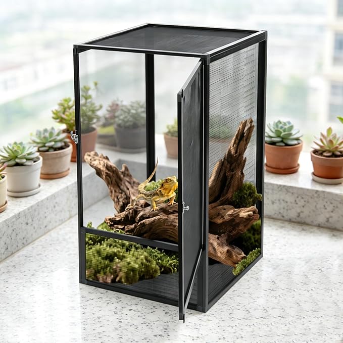 Reptile Terrarium Tall Reptile Tank Mesh Ventilation Durable Aluminum Frame Easy Assembly Micro Habitat Terrarium Enclosure for Chameleons Lizards/Iguanas Snakes Small Animals 17.7"x17.7"x31.5"