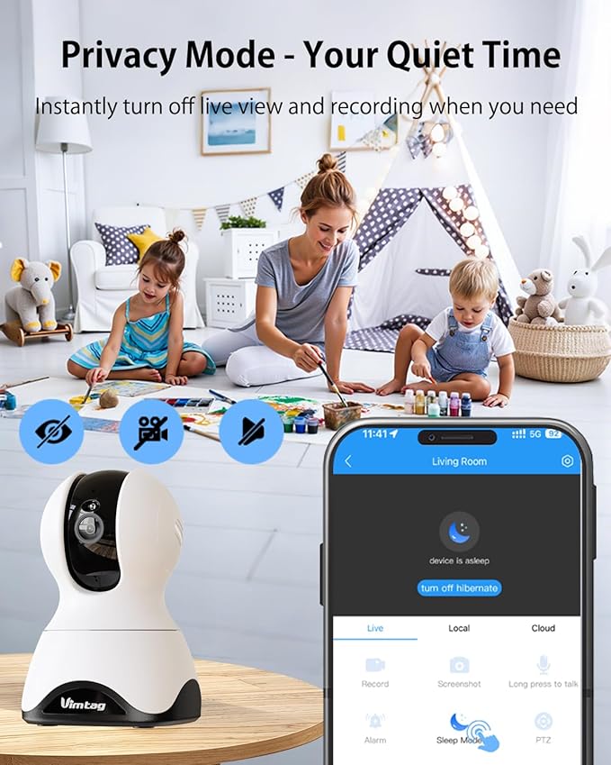 VIMTAG 4MP Pan/Tilt Indoor Camera for Pet/Dog/Cat/Baby/Nanny, Wired Security Camera for Home with Phone App, Motion Tracking, Night Vision, 2-Way Audio, AI Detection, 5GHz/2.4GHz WiFi, Works w/Alexa