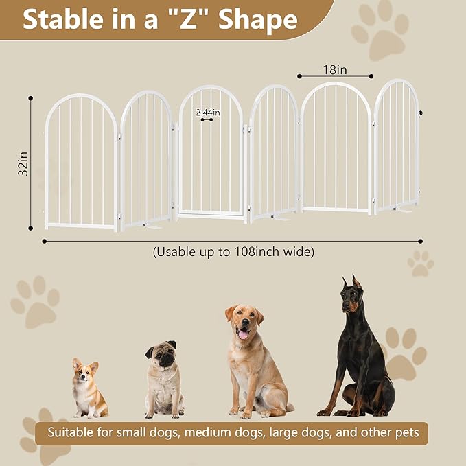 PUPETPO Full Metal Dog Gate with Door for Indoor Outdoor, 32" Tall Free Standing Pet Dog Fence, 108" Extra Wide Pet Gates for Stairs, Hallways, Doorways, Kitchen, Decks, Yards (White, 6 Panels)