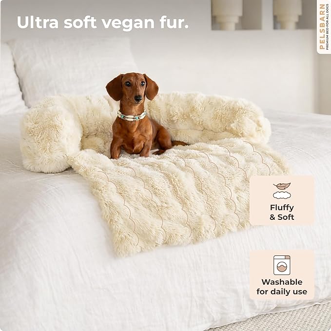 Pelsbarn Dog Bed for Couch, Luxurious Sofa Bed for Dogs with Non-Slip Oxford Bottom - Faux Rabbit Fur with Removable Cover, Small, Beige - 28x28 in