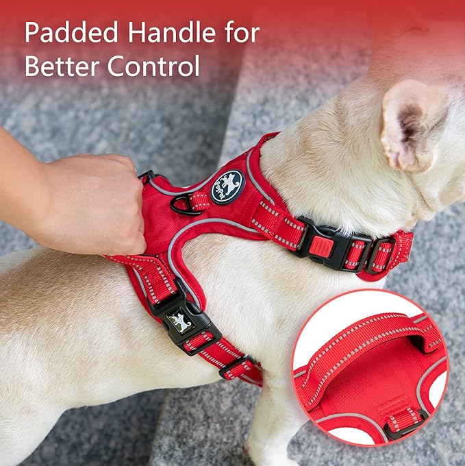 PoyPet No Pull Dog Harness, No Choke Reflective Dog Vest, Adjustable Pet Harnesses with Easy Control Padded Handle for Small Medium Large Dogs(Red Matching Trim,XL)