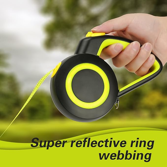 enrgticdg Retractable Dog Leash,Night Reflection,Light Weight Leash for Small to Medium Dogs/Cats,Stainless Steel Spring,Strong Nylon Tape, One-Handed Brake (Black-Yellow)