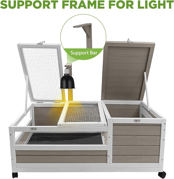 Tortoise Habitat with Lamp Holder in Indoor & Outdoor, Wooden Extensible Turtle Enclosure Table with 4 360° Lockable Wheels, Leakproof Tray, Openable Roof for Tortle, Lizard, Chameleon