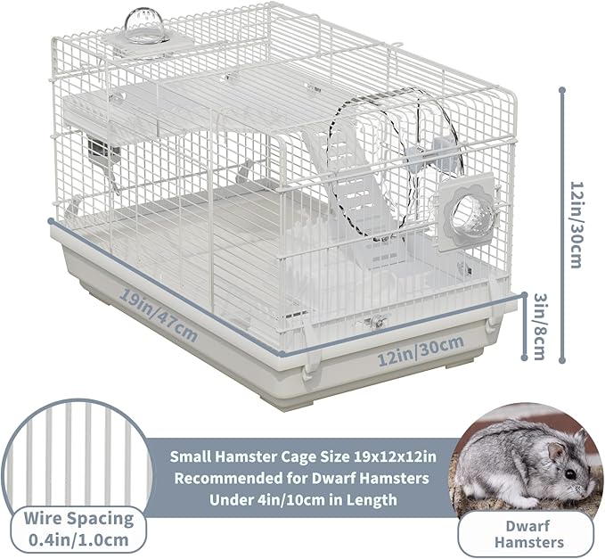 Small Hamster Cage Starter Kit 19”Lx12”Wx12”H for Dwarf Hamster & Robo Hamster with Multilevel Platforms, 2 Tube Ports, Exercise Wheel, Ladders, Water Bottle, Food Bowl, White