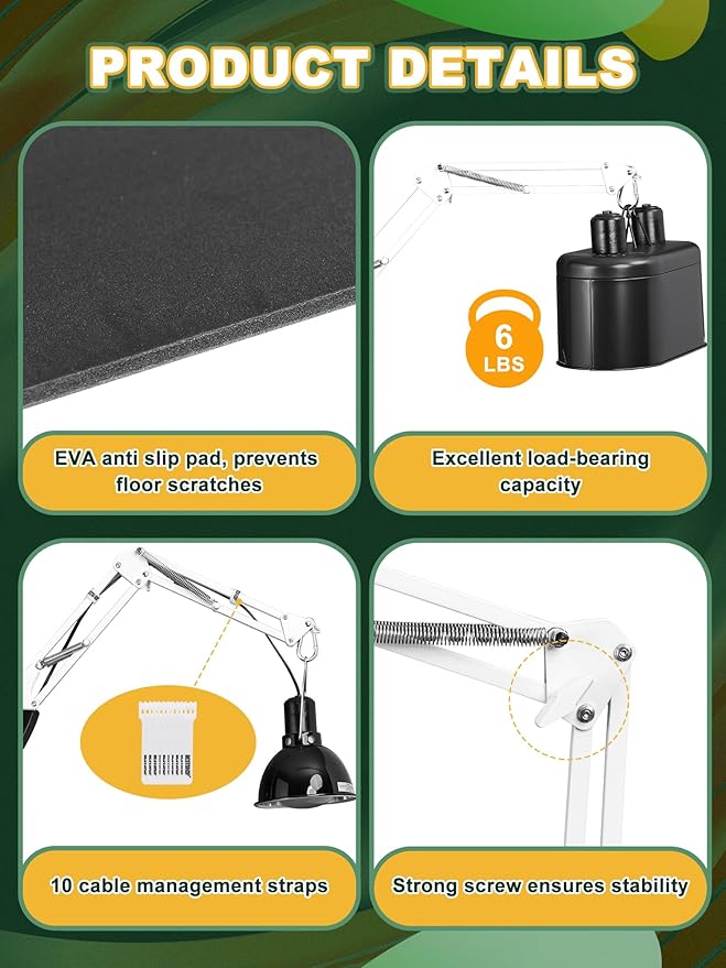 Dual Reptile Light Stand, Heat Bulb Stand (15.7 to 74.3 inch) with 2 Adjustable 360° Swing Arms for Terrarium, Reptile Heat Lamp Stand for Bearded Dragons, Turtles, and Chameleons (White)