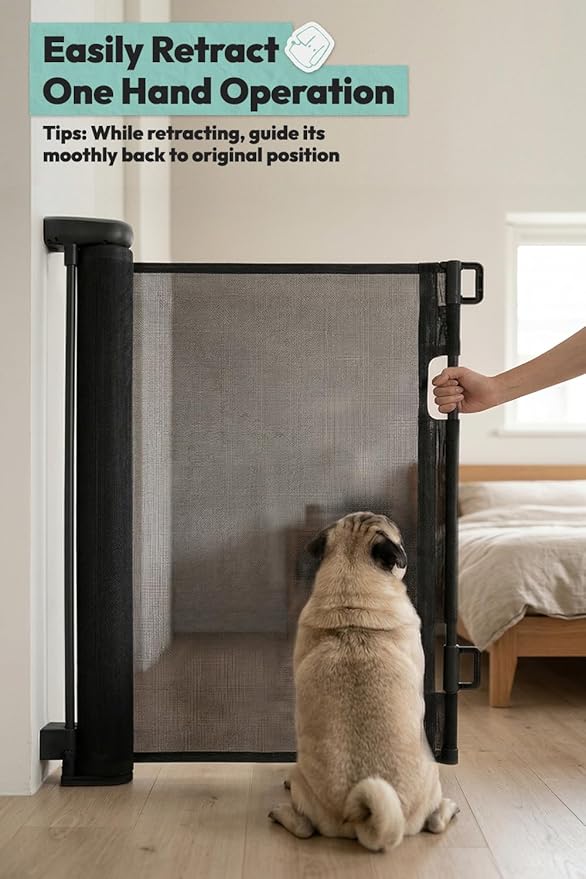 15.7" H Mesh Short Dog Gate, Extends Up to 59" W Retractable Pet Gate with Drill Installation, Small Dog Gate for Stairs, Easy Step Over Low Puppy Gate for Doorways Indoor Outdoor, Black