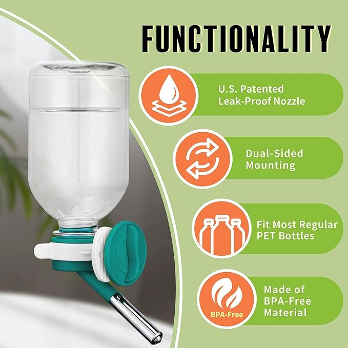 Choco Nose Patented No-Drip Water Bottle/Feeder for Guinea Pigs/Hamsters/Bunnies/Ferrets/Other Small Pets, Critters and Animals - for Cages, Crates or Wall Mount. 10.2oz. Nozzle 10mm, Green 2pk(C128)
