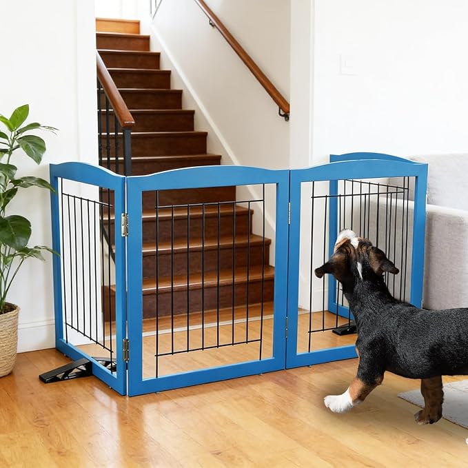 ZJSF Freestanding Dog Fence Indoor, Foldable Dog Gate for Doorways, Stairs or Hallways, Sturdy Wood Extra Wide Pet Gate with Support Feet for The House, Blue, 24 "Height-3 Panels