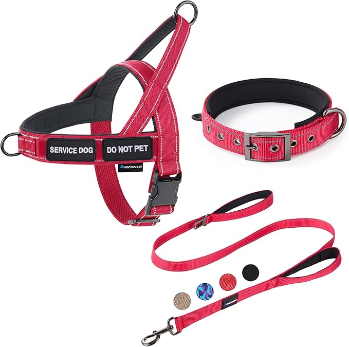 Annchwool No Pull Dog Harness,Heavy Duty Reflective Collar & Leash Set-Leash with Double Handle & Car Seatbelt Clip-Easy Control for Walking Training Medium Large Size Dogs(Red,M)