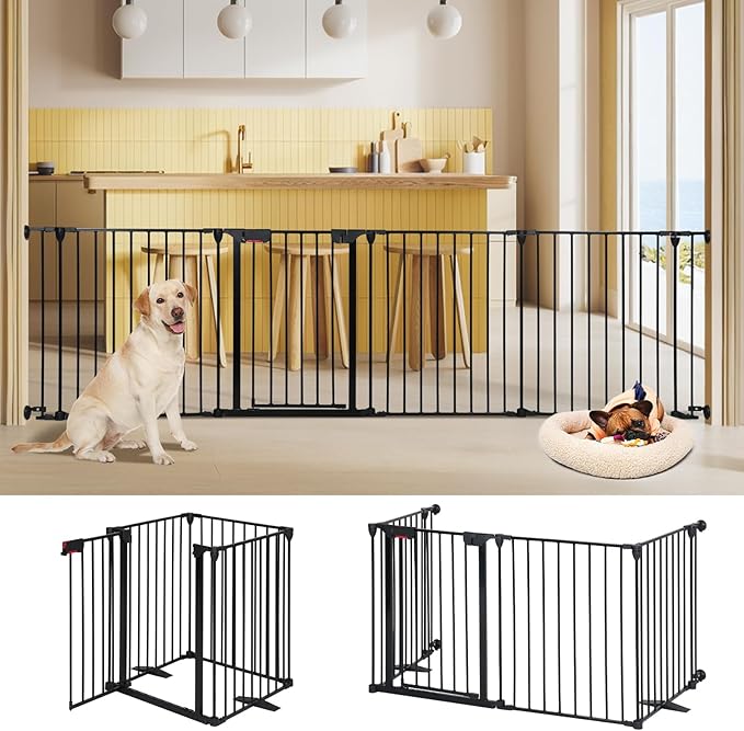 AGESISI Freestanding Dog Gates with Door Walk Through, Extra Wide Doggy Door 100" W x 29" H Pet Gate Safty 4 Panels Dog Fence for Stairs, Doorways