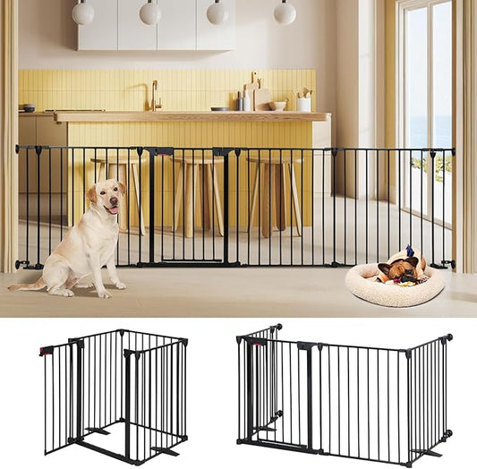 AGESISI Freestanding Dog Gates with Door Walk Through, Extra Wide Doggy Door 100" W x 29" H Pet Gate Safty 4 Panels Dog Fence for Stairs, Doorways